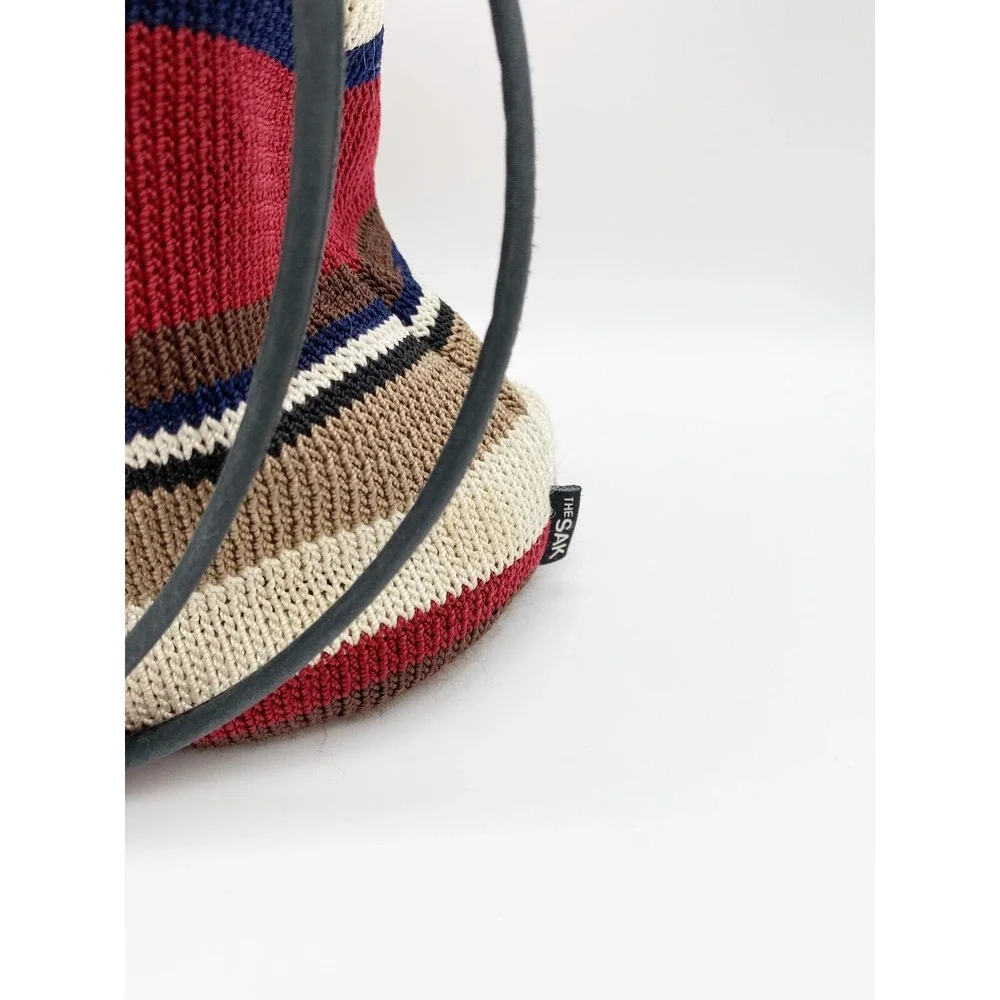 The Sak Elliott Lucca Crocheted Tote Hobo Handbag Black Burgundy Cream Tan‎
